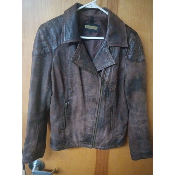 Black Rivet Brown Leather Jacket Zip to Close Sleeve/Pockets with Zippers SIZE L - Picture 1 of 5